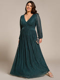 A-Line Plus Size Empire-Waist V-Neck Evening Dress with Long Sleeves
