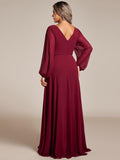 Plus Size A-Line V-Neck Empire-Waist Long Sleeves Chiffon Evening Dress with Belt