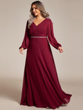 Plus Size A-Line V-Neck Empire-Waist Long Sleeves Chiffon Evening Dress with Belt