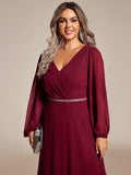 Plus Size A-Line V-Neck Empire-Waist Long Sleeves Chiffon Evening Dress with Belt