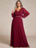 Plus Size A-Line V-Neck Empire-Waist Long Sleeves Chiffon Evening Dress with Belt