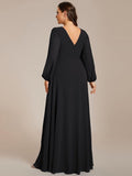 Plus Size A-Line V-Neck Empire-Waist Long Sleeves Chiffon Evening Dress with Belt