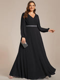 Plus Size A-Line V-Neck Empire-Waist Long Sleeves Chiffon Evening Dress with Belt