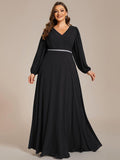 Plus Size A-Line V-Neck Empire-Waist Long Sleeves Chiffon Evening Dress with Belt