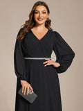 Plus Size A-Line V-Neck Empire-Waist Long Sleeves Chiffon Evening Dress with Belt
