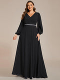 Plus Size A-Line V-Neck Empire-Waist Long Sleeves Chiffon Evening Dress with Belt