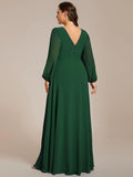 Plus Size A-Line V-Neck Empire-Waist Long Sleeves Chiffon Evening Dress with Belt