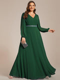 Plus Size A-Line V-Neck Empire-Waist Long Sleeves Chiffon Evening Dress with Belt