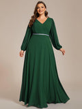 Plus Size A-Line V-Neck Empire-Waist Long Sleeves Chiffon Evening Dress with Belt