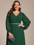 Plus Size A-Line V-Neck Empire-Waist Long Sleeves Chiffon Evening Dress with Belt