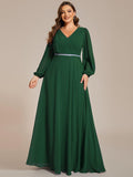 Plus Size A-Line V-Neck Empire-Waist Long Sleeves Chiffon Evening Dress with Belt