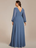 Plus Size A-Line V-Neck Empire-Waist Long Sleeves Chiffon Evening Dress with Belt