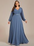 Plus Size A-Line V-Neck Empire-Waist Long Sleeves Chiffon Evening Dress with Belt