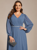 Plus Size A-Line V-Neck Empire-Waist Long Sleeves Chiffon Evening Dress with Belt
