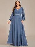 Plus Size A-Line V-Neck Empire-Waist Long Sleeves Chiffon Evening Dress with Belt
