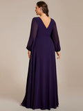 Plus Size A-Line V-Neck Empire-Waist Long Sleeves Chiffon Evening Dress with Belt