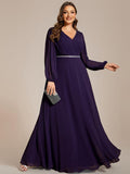 Plus Size A-Line V-Neck Empire-Waist Long Sleeves Chiffon Evening Dress with Belt