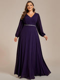 Plus Size A-Line V-Neck Empire-Waist Long Sleeves Chiffon Evening Dress with Belt