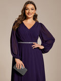 Plus Size A-Line V-Neck Empire-Waist Long Sleeves Chiffon Evening Dress with Belt