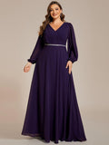 Plus Size A-Line V-Neck Empire-Waist Long Sleeves Chiffon Evening Dress with Belt
