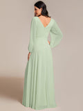 Plus Size A-Line V-Neck Empire-Waist Long Sleeves Chiffon Evening Dress with Belt