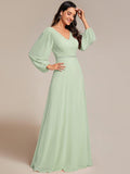 Plus Size A-Line V-Neck Empire-Waist Long Sleeves Chiffon Evening Dress with Belt
