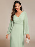 Plus Size A-Line V-Neck Empire-Waist Long Sleeves Chiffon Evening Dress with Belt
