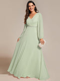 Plus Size A-Line V-Neck Empire-Waist Long Sleeves Chiffon Evening Dress with Belt