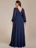 Plus Size A-Line V-Neck Empire-Waist Long Sleeves Chiffon Evening Dress with Belt
