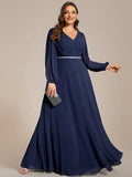 Plus Size A-Line V-Neck Empire-Waist Long Sleeves Chiffon Evening Dress with Belt