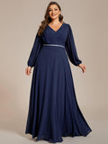 Plus Size A-Line V-Neck Empire-Waist Long Sleeves Chiffon Evening Dress with Belt