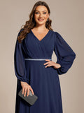 Plus Size A-Line V-Neck Empire-Waist Long Sleeves Chiffon Evening Dress with Belt