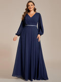 Plus Size A-Line V-Neck Empire-Waist Long Sleeves Chiffon Evening Dress with Belt