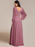 Plus Size A-Line V-Neck Empire-Waist Long Sleeves Chiffon Evening Dress with Belt