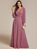 Plus Size A-Line V-Neck Empire-Waist Long Sleeves Chiffon Evening Dress with Belt