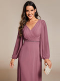 Plus Size A-Line V-Neck Empire-Waist Long Sleeves Chiffon Evening Dress with Belt