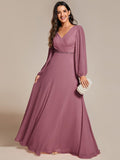 Plus Size A-Line V-Neck Empire-Waist Long Sleeves Chiffon Evening Dress with Belt
