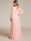 Plus Size A-Line V-Neck Empire-Waist Long Sleeves Chiffon Evening Dress with Belt
