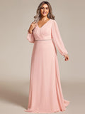 Plus Size A-Line V-Neck Empire-Waist Long Sleeves Chiffon Evening Dress with Belt