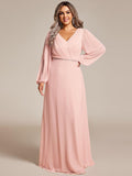 Plus Size A-Line V-Neck Empire-Waist Long Sleeves Chiffon Evening Dress with Belt