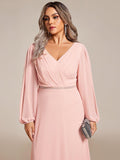 Plus Size A-Line V-Neck Empire-Waist Long Sleeves Chiffon Evening Dress with Belt