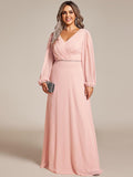 Plus Size A-Line V-Neck Empire-Waist Long Sleeves Chiffon Evening Dress with Belt