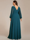 Plus Size A-Line V-Neck Empire-Waist Long Sleeves Chiffon Evening Dress with Belt
