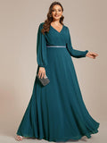 Plus Size A-Line V-Neck Empire-Waist Long Sleeves Chiffon Evening Dress with Belt
