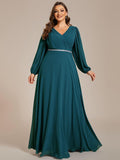 Plus Size A-Line V-Neck Empire-Waist Long Sleeves Chiffon Evening Dress with Belt