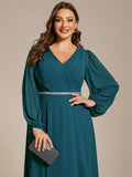 Plus Size A-Line V-Neck Empire-Waist Long Sleeves Chiffon Evening Dress with Belt