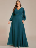 Plus Size A-Line V-Neck Empire-Waist Long Sleeves Chiffon Evening Dress with Belt