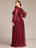 A-Line Sparkly Plus Size V-Neck Long Sleeves Sequin Evening Dress