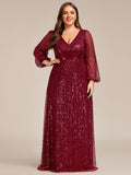 A-Line Sparkly Plus Size V-Neck Long Sleeves Sequin Evening Dress