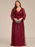 A-Line Sparkly Plus Size V-Neck Long Sleeves Sequin Evening Dress